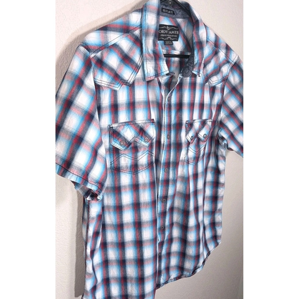 Cody James Short Sleeve Shirt Mens XL Blue Red‎ Plaid Pearl Snap Western Rodeo